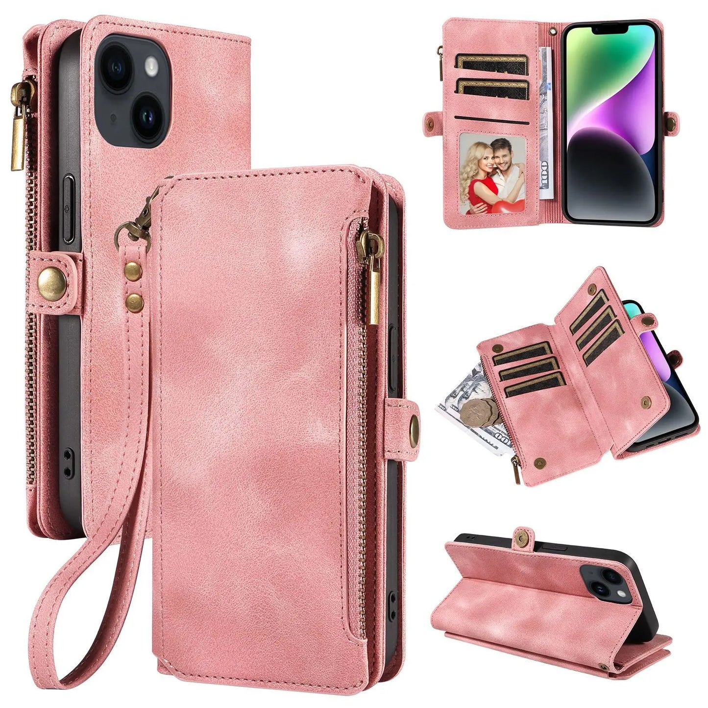Funda billetera de cuero 3 en 1 para iPhone – Con correa de cuero