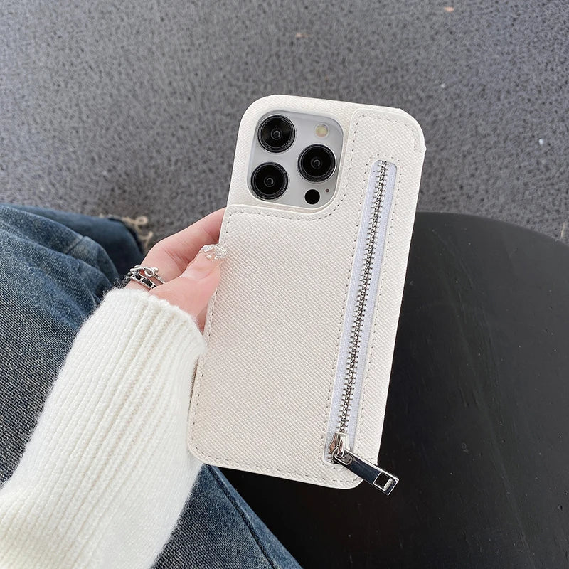 Funda Denim con Espejo y Tarjetero Cremallera para iPhone 17 Air 16 15 14 13 12 Mini 11 Pro Max