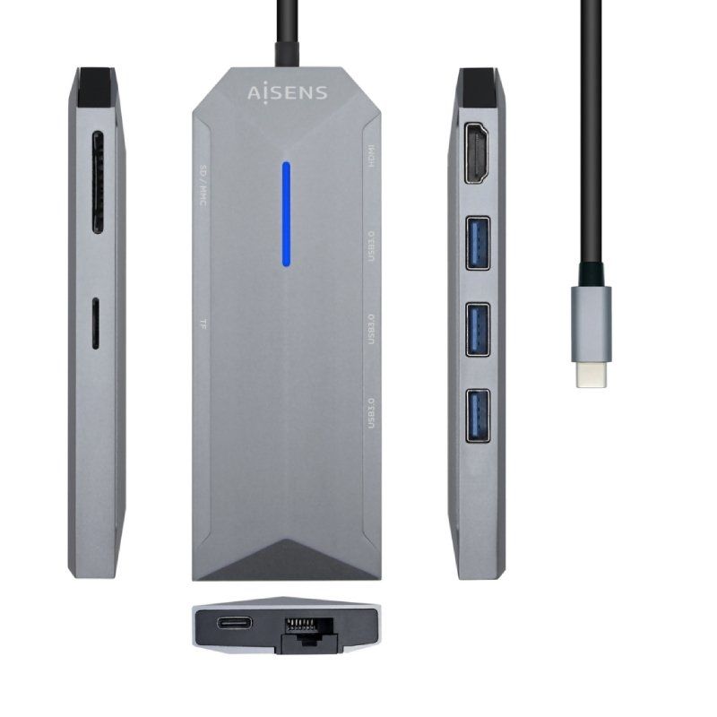 Docking USB Tipo-C Aisens ASUC-8P004-GR/ 1xHDMI 4K/ 3xUSB/ 1xRJ45/ 1xLector Tarjetas / 1xUSB Tipo-C PD/ Gris