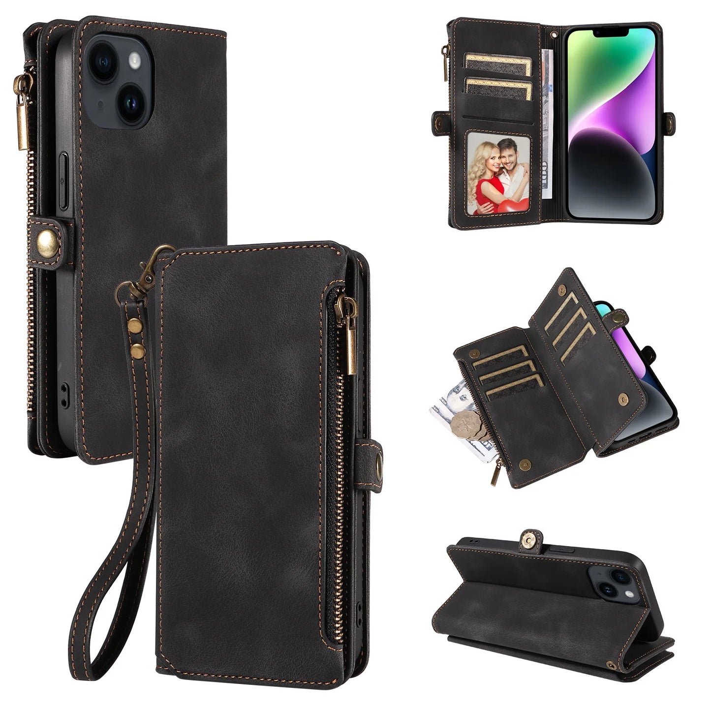Funda Cartera 3 en 1 con Cuerda de Cuero para iPhone 15 14 13 12 11 Pro Max