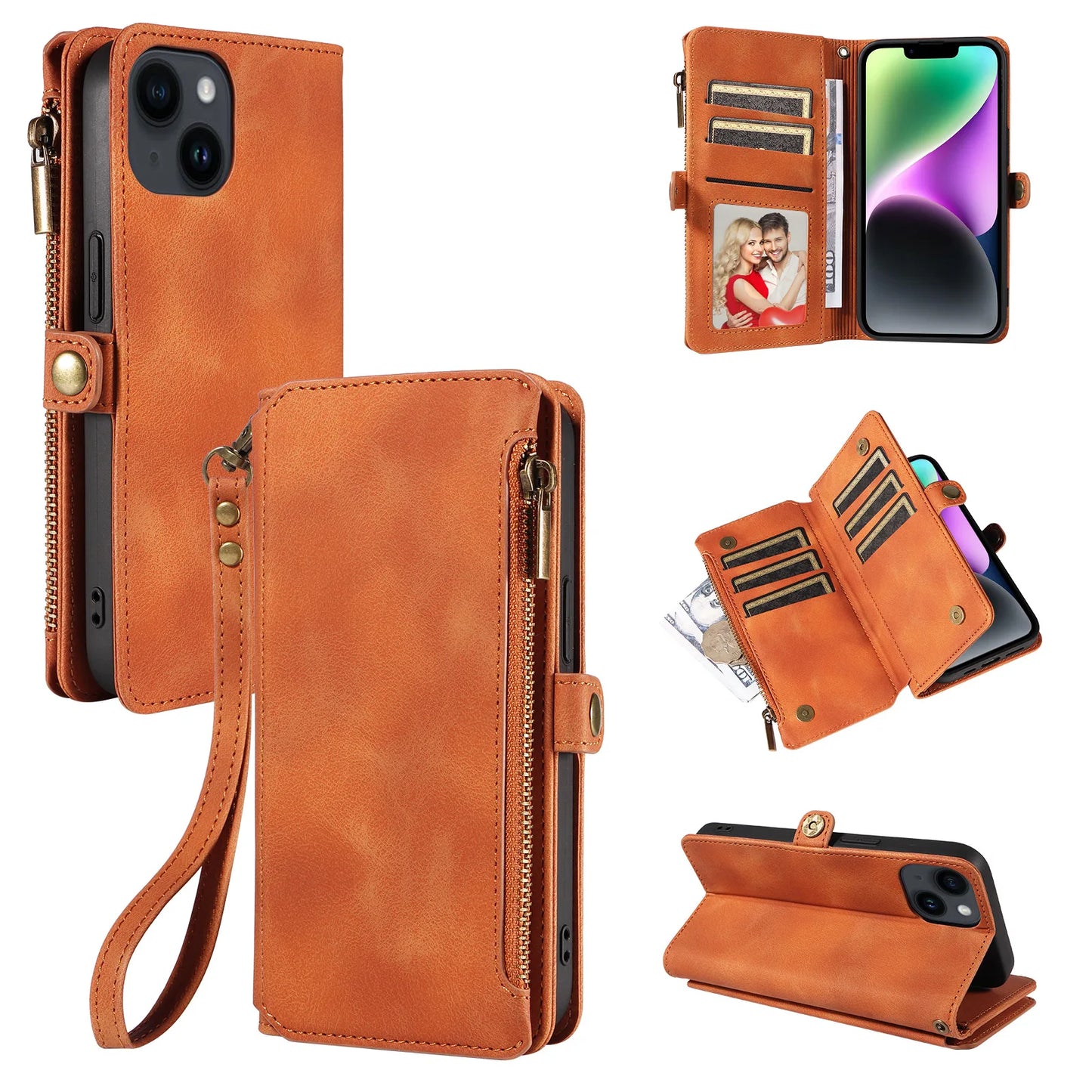 Funda Cartera 3 en 1 con Cuerda de Cuero para iPhone 15 14 13 12 11 Pro Max