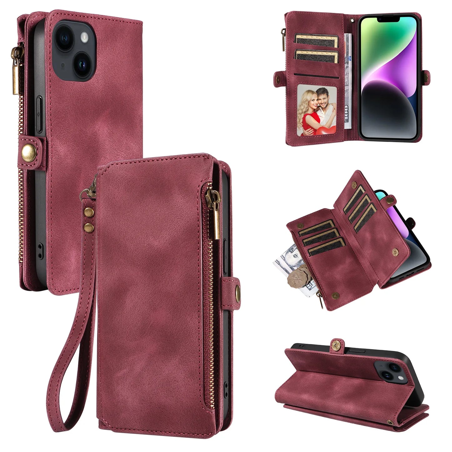 Funda Cartera 3 en 1 con Cuerda de Cuero para iPhone 15 14 13 12 11 Pro Max