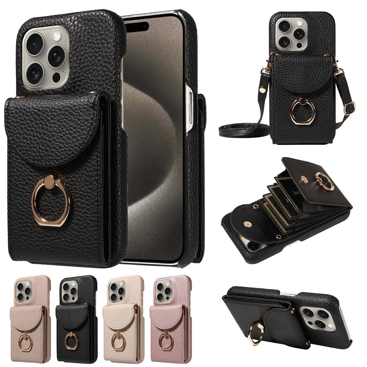 Funda con anillo y correa para iPhone 16 Pro Max, 15, 14, 13 – cuero PU lychee, antigolpes y soporte