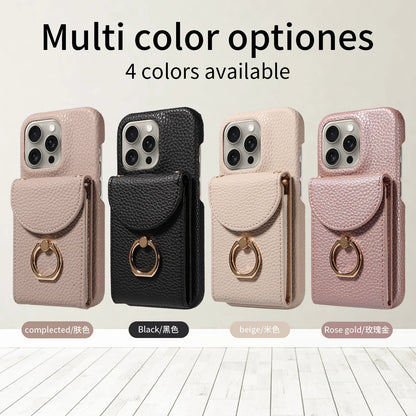 Funda con anillo y correa para iPhone 16 Pro Max, 15, 14, 13 – cuero PU lychee, antigolpes y soporte