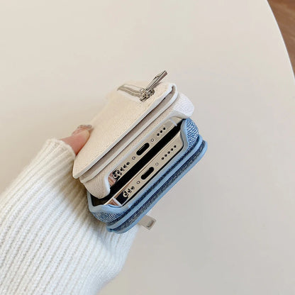 Funda Denim con Espejo y Tarjetero Cremallera para iPhone 17 Air 16 15 14 13 12 Mini 11 Pro Max