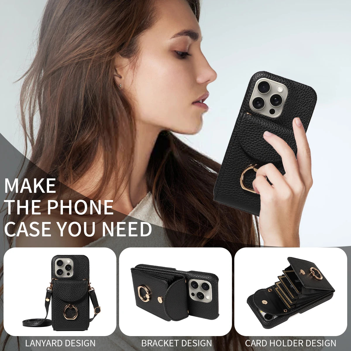 Funda con anillo y correa para iPhone 16 Pro Max, 15, 14, 13 – cuero PU lychee, antigolpes y soporte