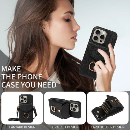 Funda con anillo y correa para iPhone 16 Pro Max, 15, 14, 13 – cuero PU lychee, antigolpes y soporte