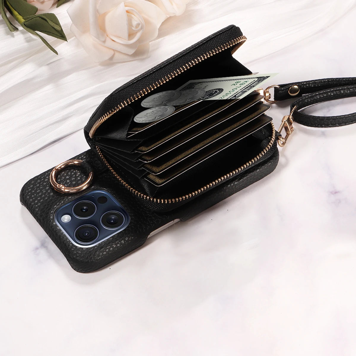 Funda cartera de piel PU con correa para iPhone 16 Pro Max, 16e, 15, 14, 13, 12, 11, XS, XR, 7, 8 – con ranuras para tarjetas