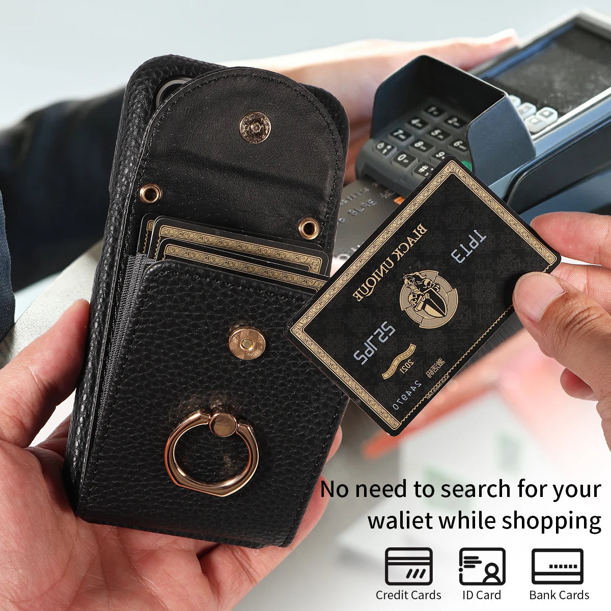 Funda con anillo y correa para iPhone 16 Pro Max, 15, 14, 13 – cuero PU lychee, antigolpes y soporte