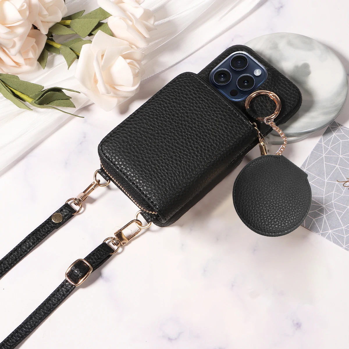 Funda cartera de piel PU con correa para iPhone 16 Pro Max, 16e, 15, 14, 13, 12, 11, XS, XR, 7, 8 – con ranuras para tarjetas