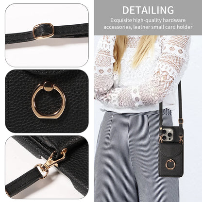 Funda con anillo y correa para iPhone 16 Pro Max, 15, 14, 13 – cuero PU lychee, antigolpes y soporte