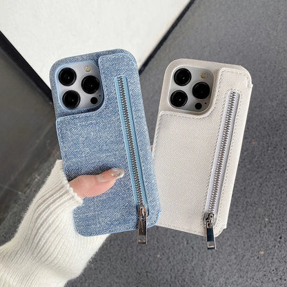 Funda Denim con Espejo y Tarjetero Cremallera para iPhone 17 Air 16 15 14 13 12 Mini 11 Pro Max