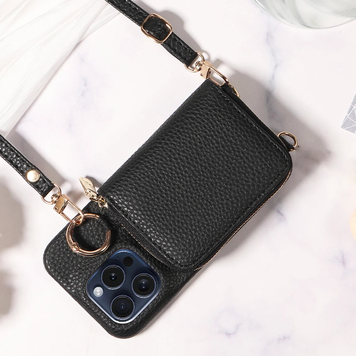 Funda cartera de piel PU con correa para iPhone 16 Pro Max, 16e, 15, 14, 13, 12, 11, XS, XR, 7, 8 – con ranuras para tarjetas