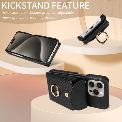 Funda con anillo y correa para iPhone 16 Pro Max, 15, 14, 13 – cuero PU lychee, antigolpes y soporte