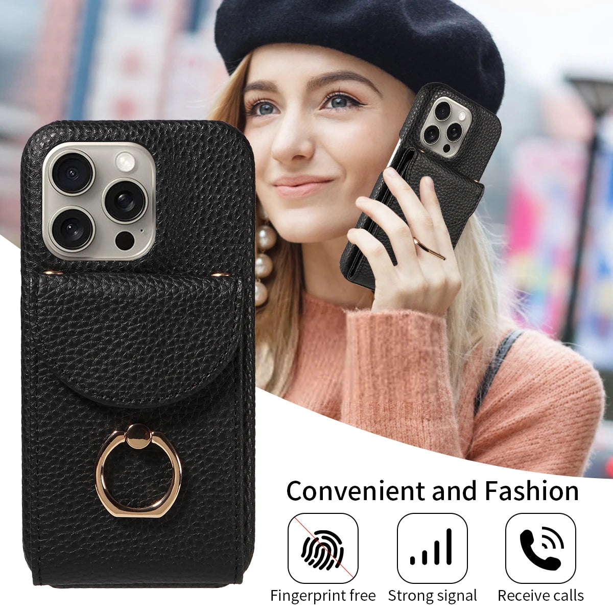 Funda con anillo y correa para iPhone 16 Pro Max, 15, 14, 13 – cuero PU lychee, antigolpes y soporte