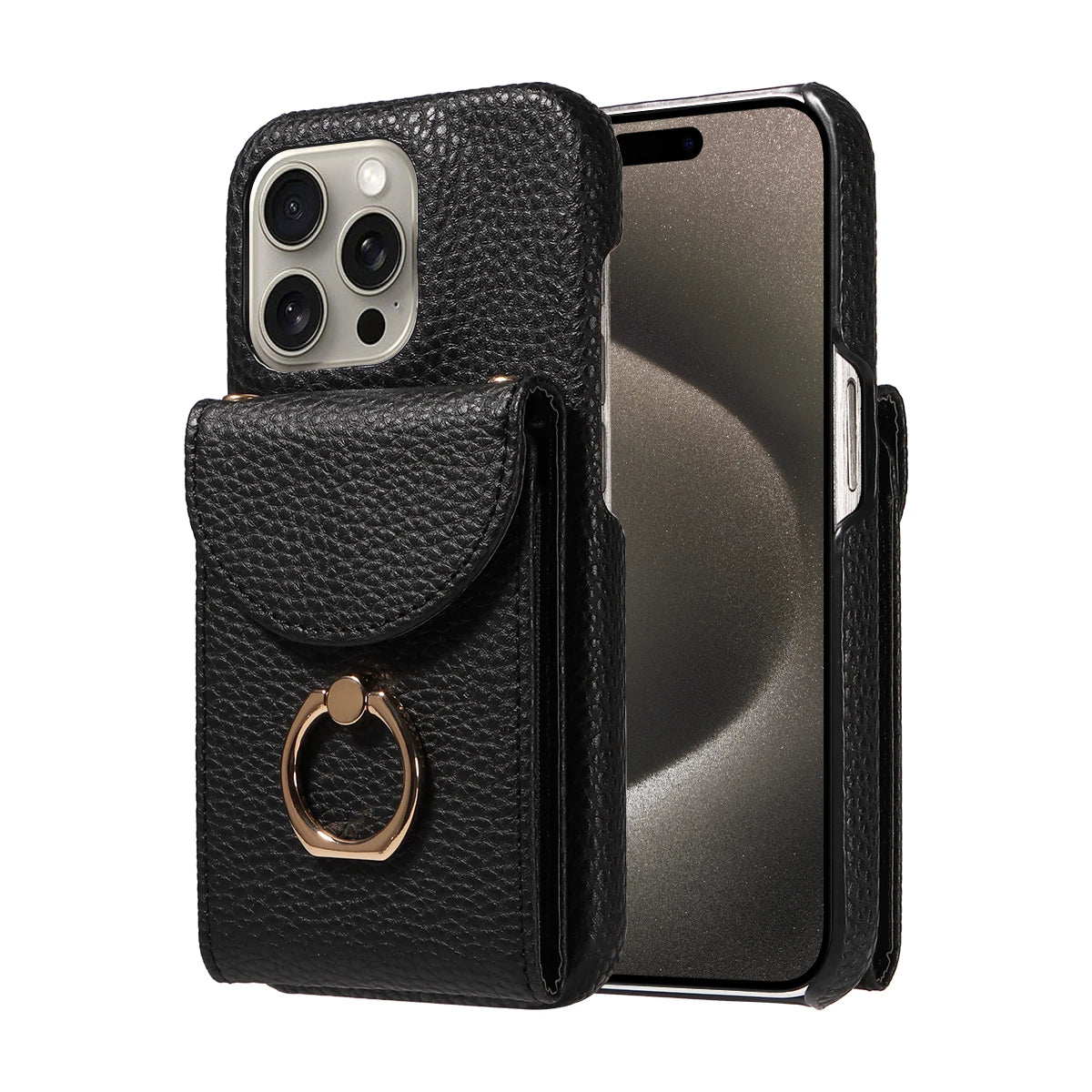 Funda con anillo y correa para iPhone 16 Pro Max, 15, 14, 13 – cuero PU lychee, antigolpes y soporte