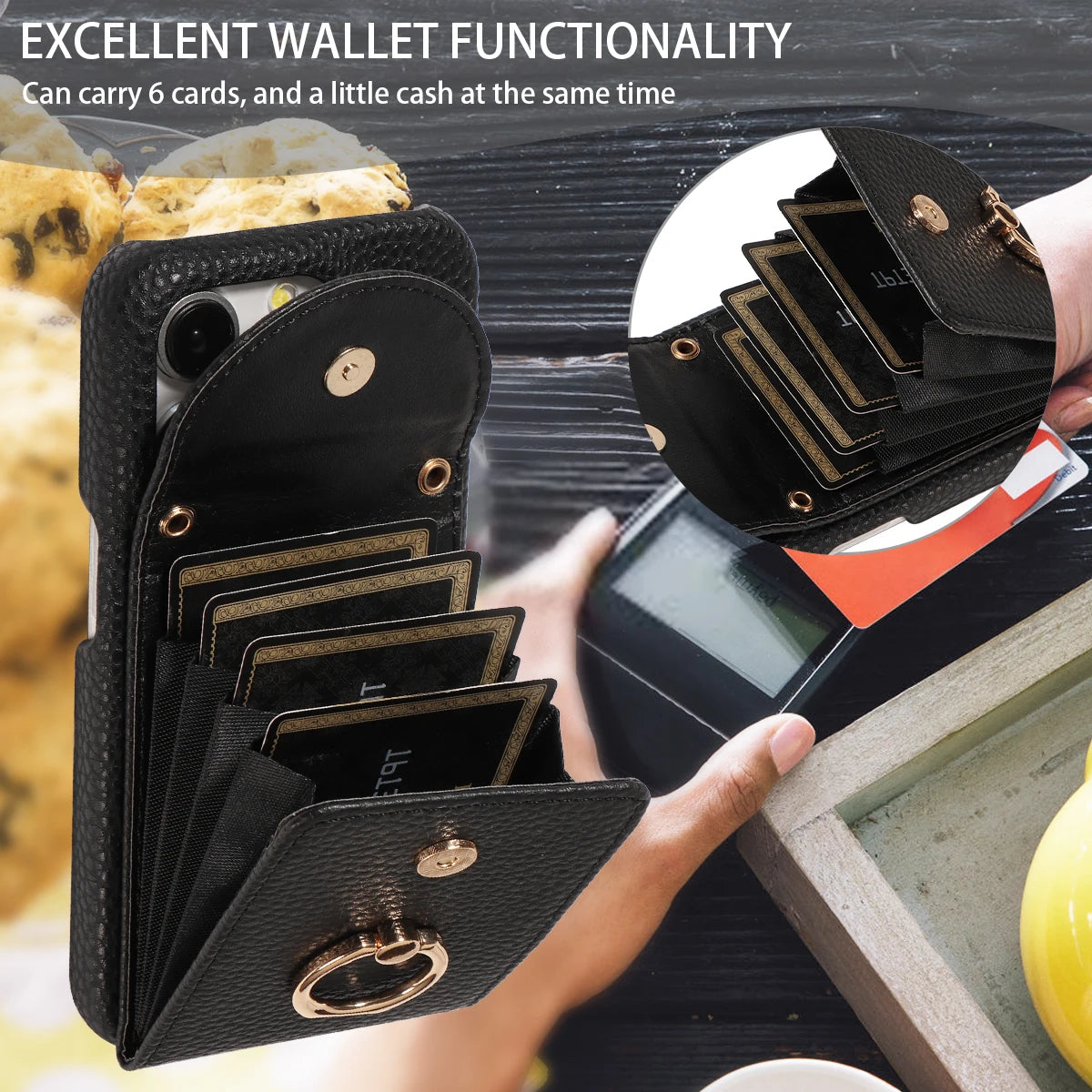 Funda con anillo y correa para iPhone 16 Pro Max, 15, 14, 13 – cuero PU lychee, antigolpes y soporte