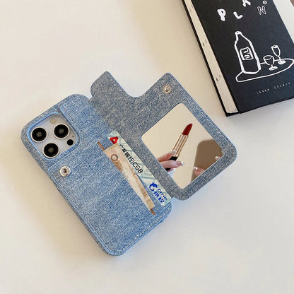 Funda Denim con Espejo y Tarjetero Cremallera para iPhone 17 Air 16 15 14 13 12 Mini 11 Pro Max