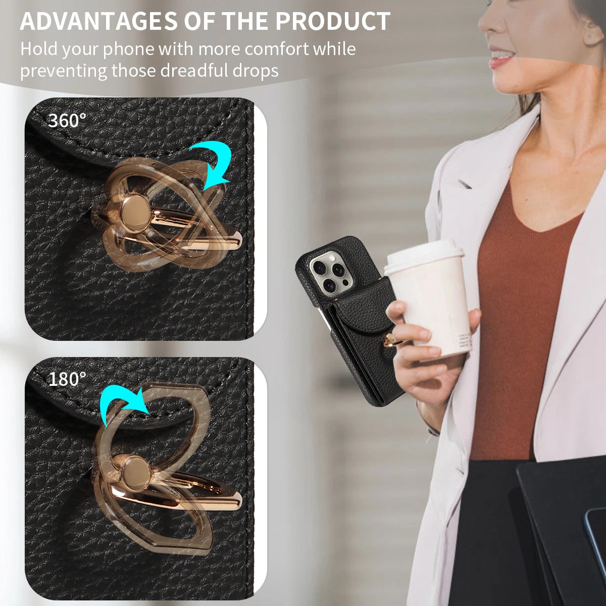 Funda con anillo y correa para iPhone 16 Pro Max, 15, 14, 13 – cuero PU lychee, antigolpes y soporte