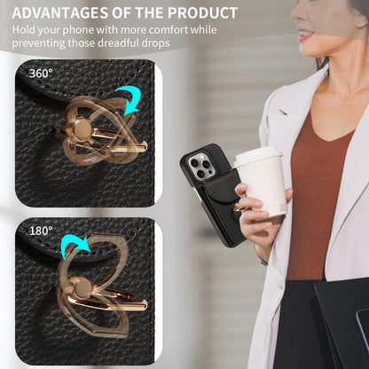 Funda con anillo y correa para iPhone 16 Pro Max, 15, 14, 13 – cuero PU lychee, antigolpes y soporte