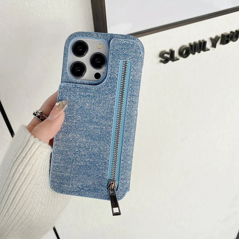Funda Denim con Espejo y Tarjetero Cremallera para iPhone 17 Air 16 15 14 13 12 Mini 11 Pro Max