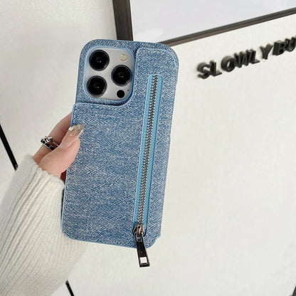 Funda Denim con Espejo y Tarjetero Cremallera para iPhone 17 Air 16 15 14 13 12 Mini 11 Pro Max