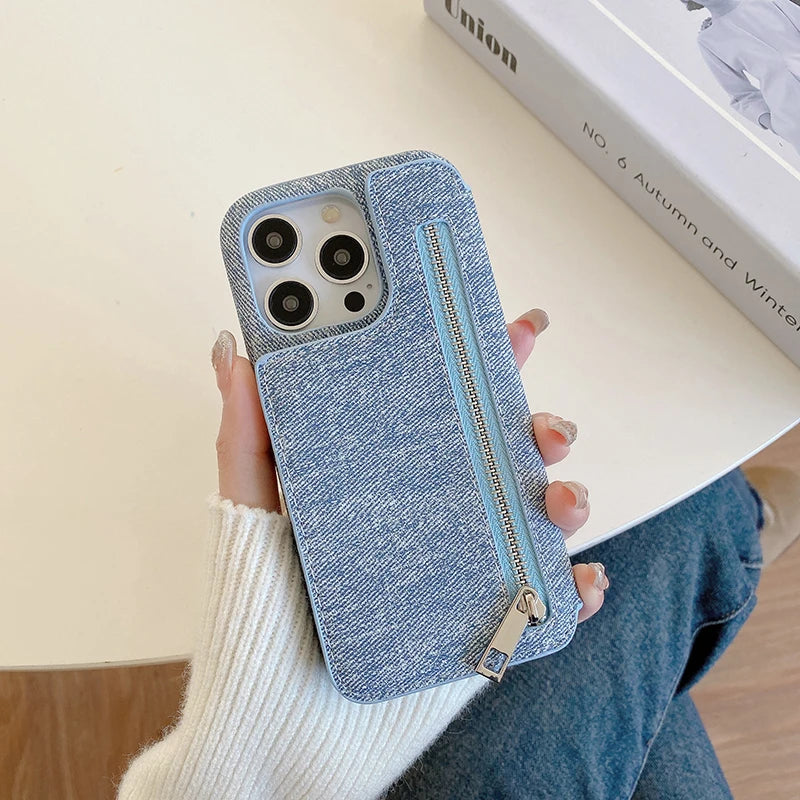 Funda Denim con Espejo y Tarjetero Cremallera para iPhone 17 Air 16 15 14 13 12 Mini 11 Pro Max