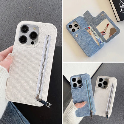 Funda Denim con Espejo y Tarjetero Cremallera para iPhone 17 Air 16 15 14 13 12 Mini 11 Pro Max