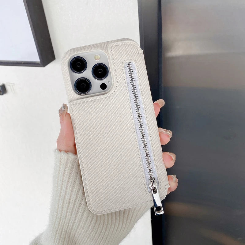 Funda Denim con Espejo y Tarjetero Cremallera para iPhone 17 Air 16 15 14 13 12 Mini 11 Pro Max