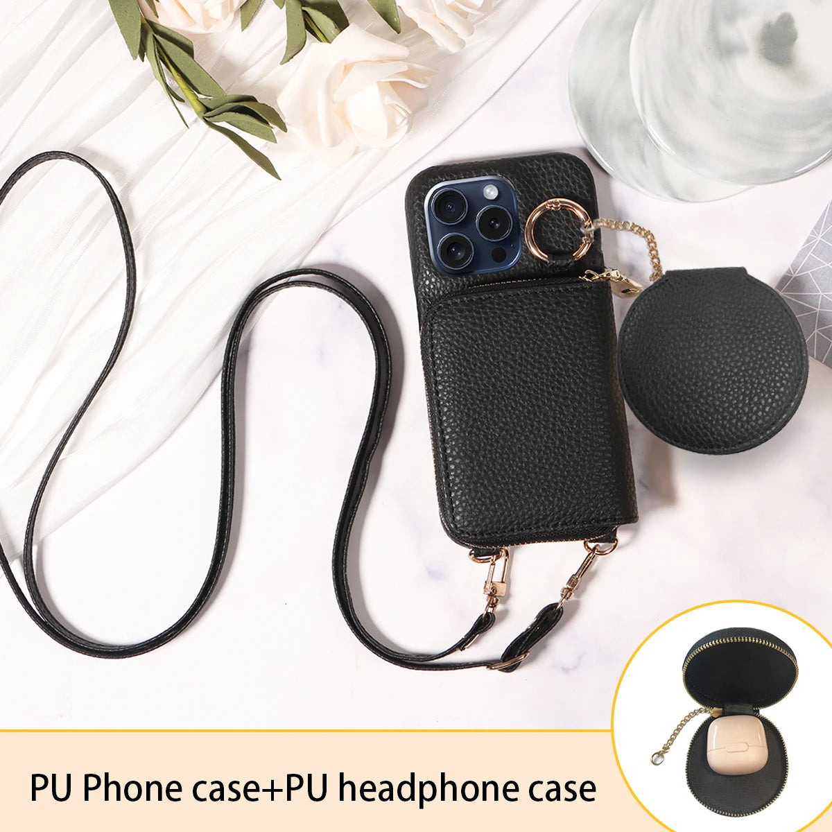 Funda cartera de piel PU con correa para iPhone 16 Pro Max, 16e, 15, 14, 13, 12, 11, XS, XR, 7, 8 – con ranuras para tarjetas