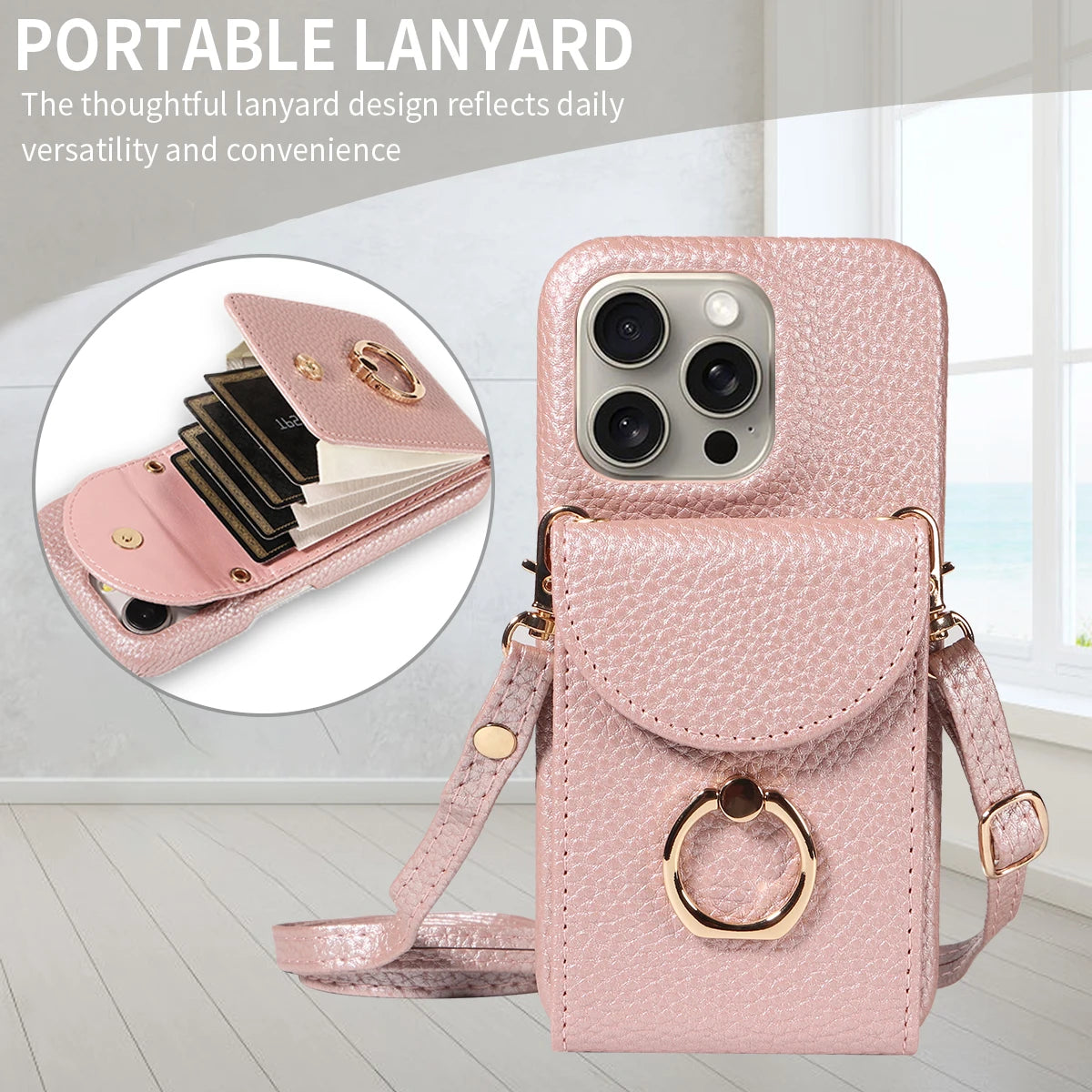 Funda con anillo y correa para iPhone 16 Pro Max, 15, 14, 13 – cuero PU lychee, antigolpes y soporte