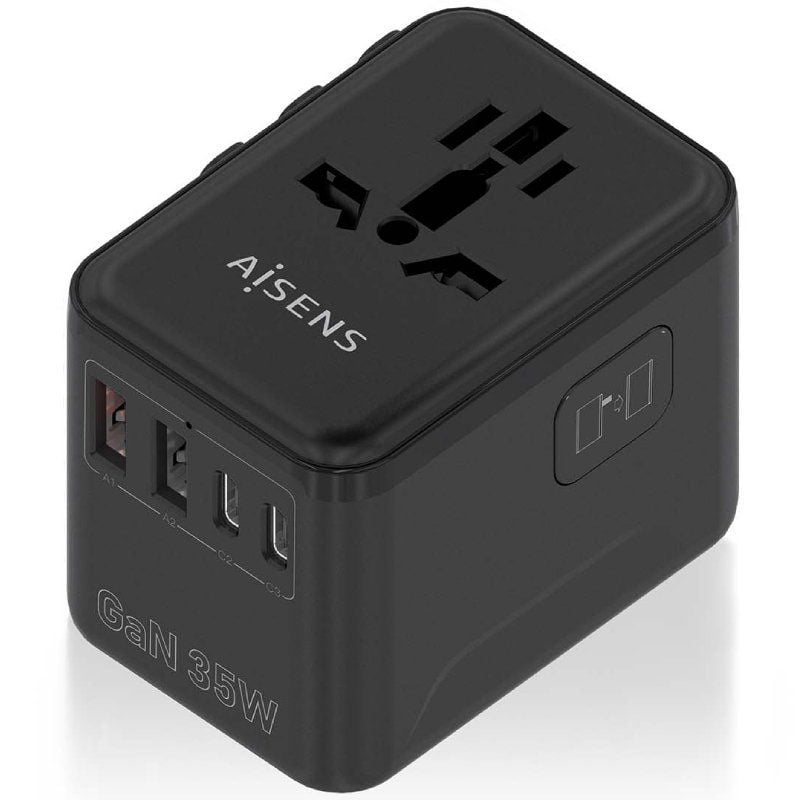 Cargador de Pared Universal GaN para Viaje Aisens ASPS-2A3C09-BK/ Toma de Corriente Universal/ 3xUSB Tipo-C/ 2xUSB/ 35W