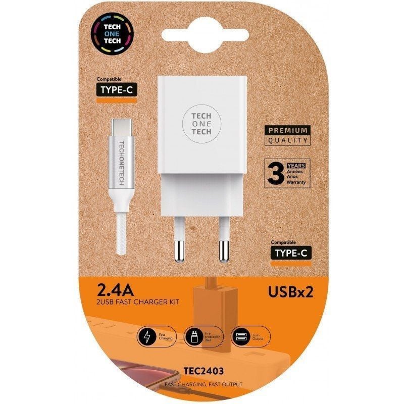 Cargador de Pared Tech One Tech TEC2403/ 2xUSB + Cable USB Tipo-C/ 12W/ Blanco