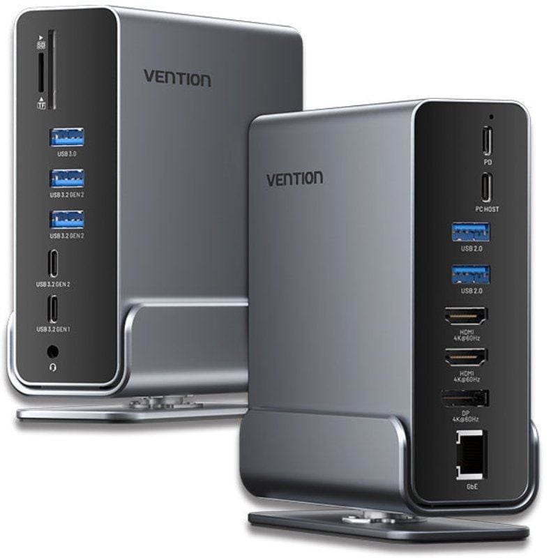 Docking USB Tipo-C Vention TPUH0/ 2xHDMI 4K/ 1xDisplayPort/ 3xUSB Tipo-C/ 5xUSB/ 1xRJ45/ 1xLector de Tarjetas/ 1xJack 3.5/ 1xUSB Tipo-C PD/ Gris