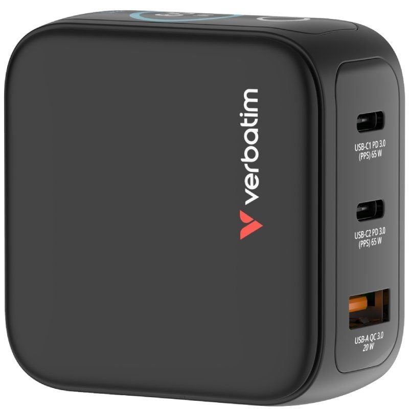 Cargador de Pared Universal GaN para Viaje Verbatim Mini GaN Charger Con Pantalla/ 2xUSB Tipo-C/ 1xUSB/ 65W